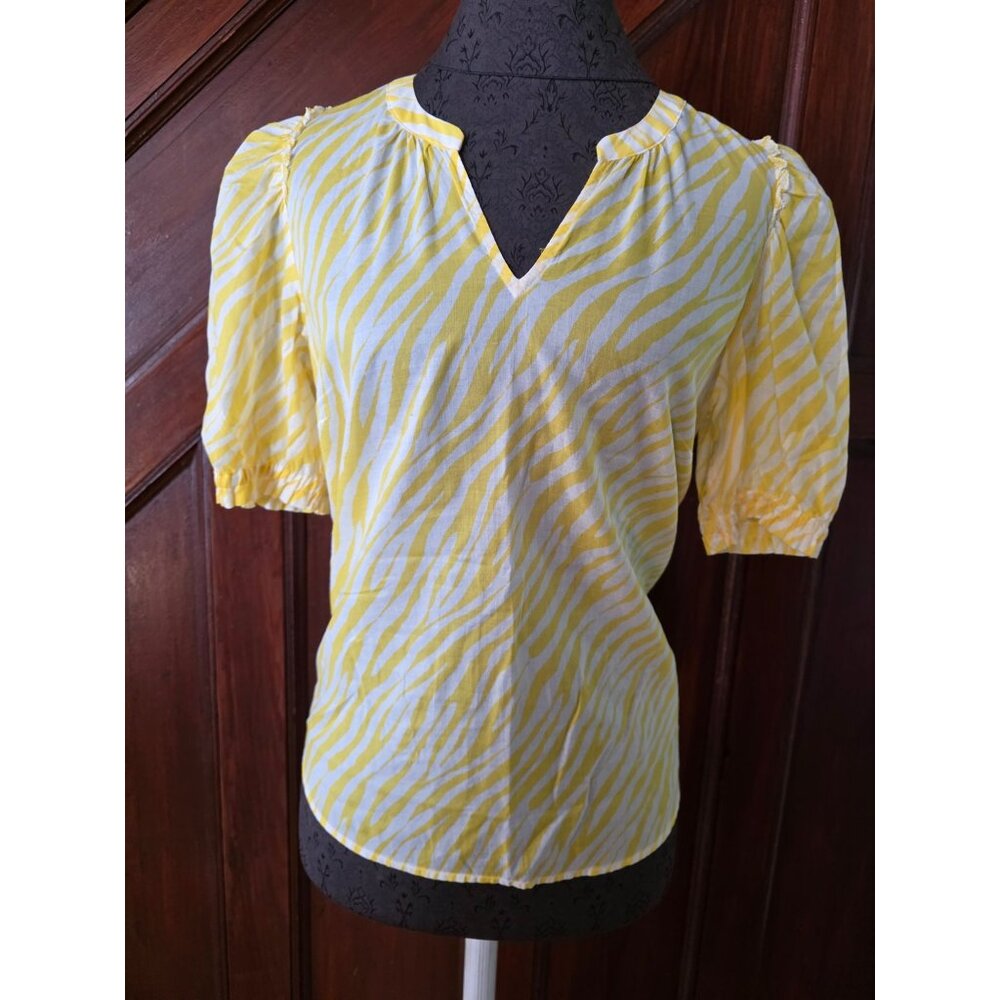 Talbots Petite Yellow & White Zebra Print Cotton Blouse Sp